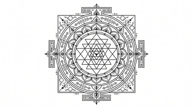 Square sacred geometry mandala with intricate line art vector illustration design, geometry