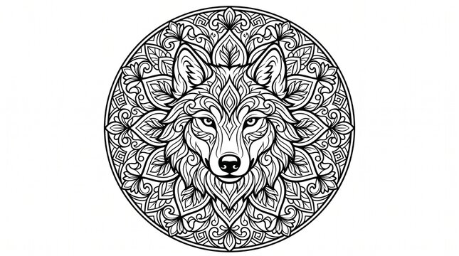 Intricate black and white mandala illustration featuring a central wolf face surrounded by floral