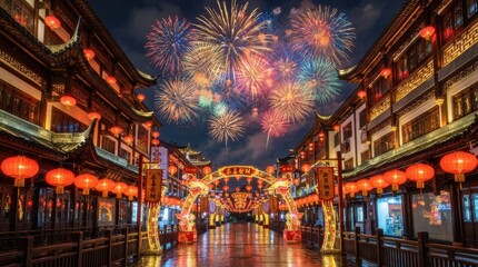 Obraz premium Traditional Chinese street illuminated by lanterns and fireworks at night