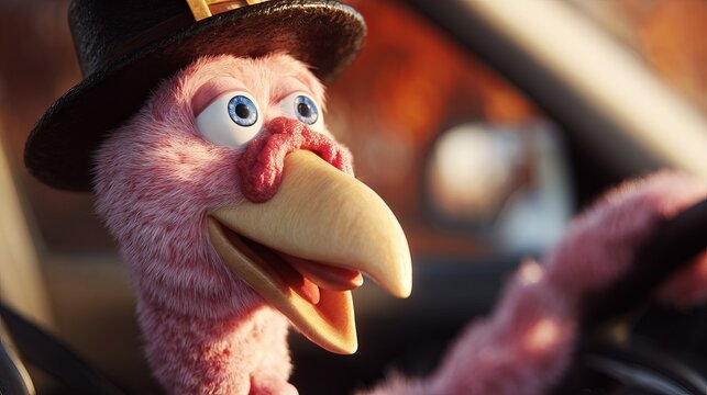 Funny pink turkey wearing a festive black top hat driving a car with a wide happy expression and blue eyes