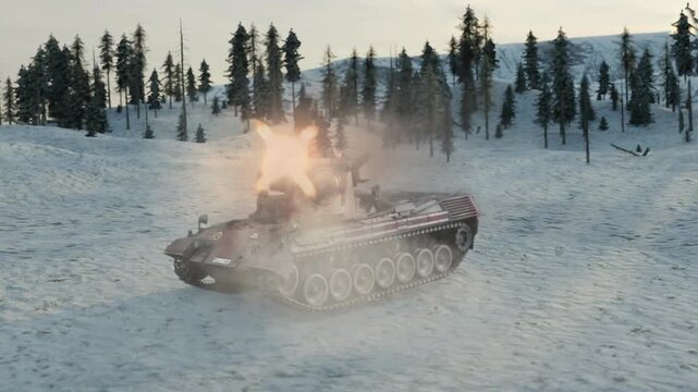 Military Tank Firing in Snowy Battlefield | Armored Vehicle Winter War Scene 4K
