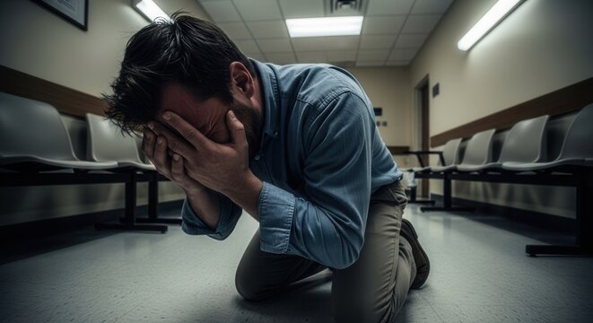 A distraught and heartbroken man kneels on the cold, sterile floor of a desolate hospital waiting room, burying his face in his hands in a moment of profound grief, despair, and emotional crisis.