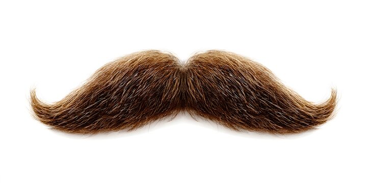 A thick and bushy handlebar mustache with curled tips sits isolated on a white background.