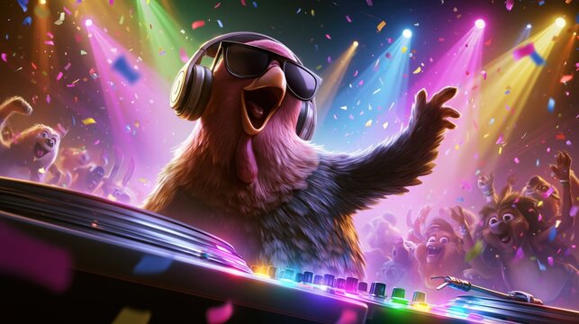 Funny Cartoon Turkey DJ Hosting a Colorful Thanksgiving Party with Animal Friends