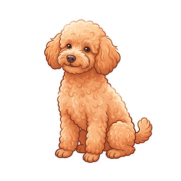 Cute cartoon poodle dog with curly light brown fur, sitting and looking forward, isolated on a white background