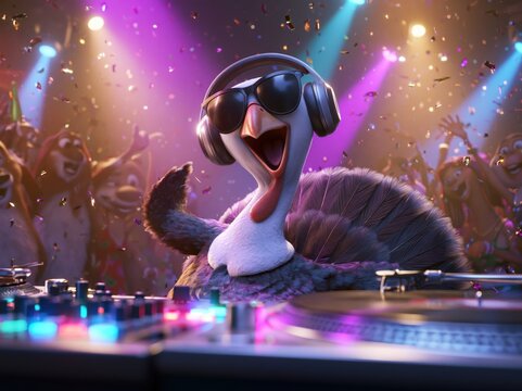 Funny Cartoon Turkey DJ Hosting a Colorful Thanksgiving Party with Animal Friends