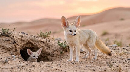 Naklejka premium Two adorable fennec foxes with large ears emerge from their desert burrow at sunset