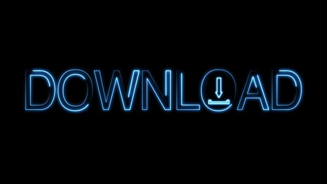 Blue neon sign presents the word download alongside a clean icon. Digital downloading portals show this blue neon sign. Blue neon sign download text glows bright.