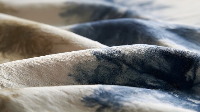 Close up of textured batik fabric showing natural dye variations and soft folds under gentle lighting