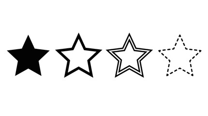 Fototapeta premium Four different black star icons including solid, outline, double border and dashed styles on white background, perfect for rating systems, interface design and graphic decoration