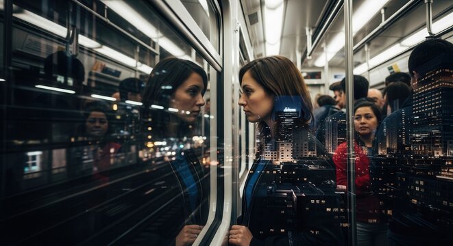 A group of commuters stands intently near the windows of a modern subway train at night, gazing out at the illuminated cityscape while holding onto handrails, capturing a moment of urban life.