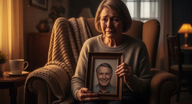 A heartbroken elderly woman sitting in a cozy armchair, holding a framed photo of her late husband while tears stream down her face, surrounded by warm indoor lighting and nostalgic home decor.
