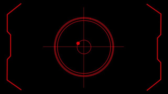 Red crosshair reticle displays a circular target and red dot on dark. Tactical military simulation software deploys reticle. Red crosshair reticle sweeps very fast.