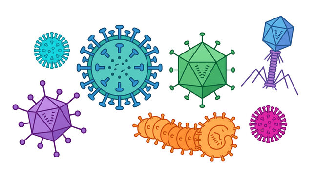 Microscopic view of various virus cell types and pathogens including bacteriophage vector icons