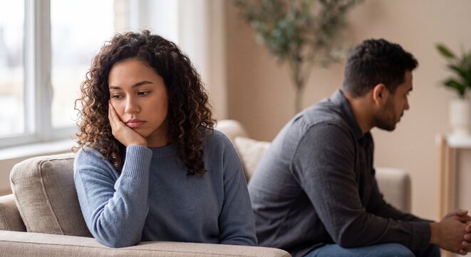 Unhappy couple having relationship problems sitting on sofa at home