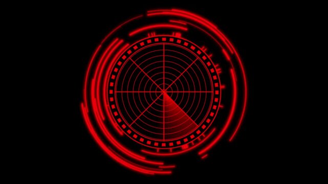 Red radar screen sweeps circular target segments over black field. Surveillance command portals view this red radar screen. Red radar screen target lines rotate fast.