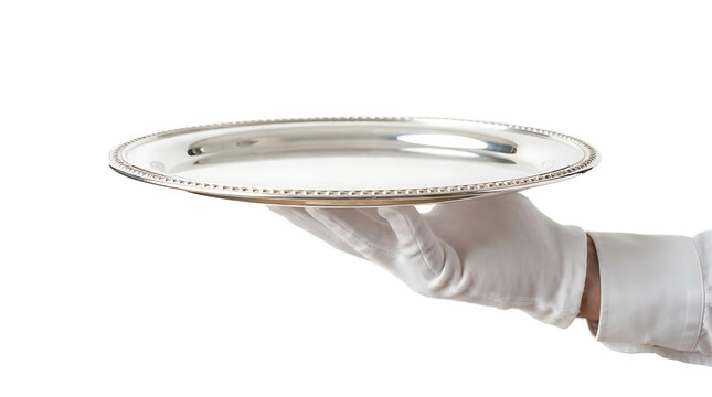 Hand in a white glove holding an empty silver serving tray isolated on a white background, for catering and, hospitality concepts