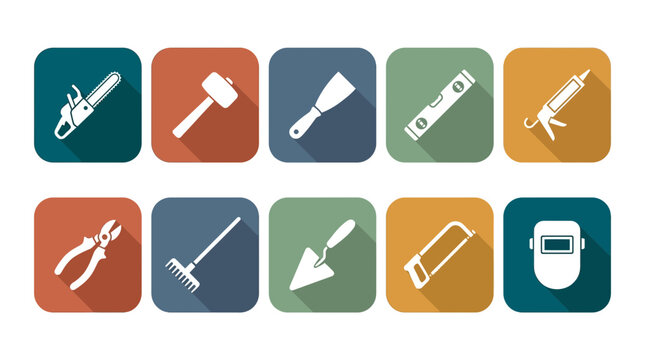 Collection of flat construction and hardware tool icons with long shadows on colorful rounded square backgrounds, perfect for mobile app interface, website design and hardware store branding