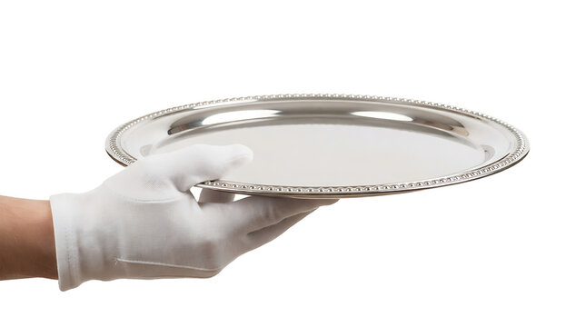 Hand in a white glove holding an empty silver serving tray isolated on a white background, for catering and, hospitality concepts
