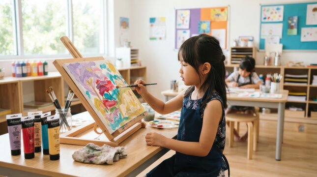 Young girl focused on painting a colorful abstract artwork on an easel in art class