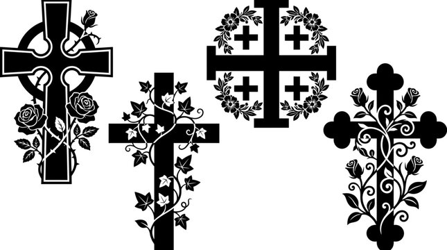 Set of four decorative Christian cross silhouettes adorned with roses, ivy vines and floral wreaths on white background, perfect for religious stationery, funeral invitations and tattoo design