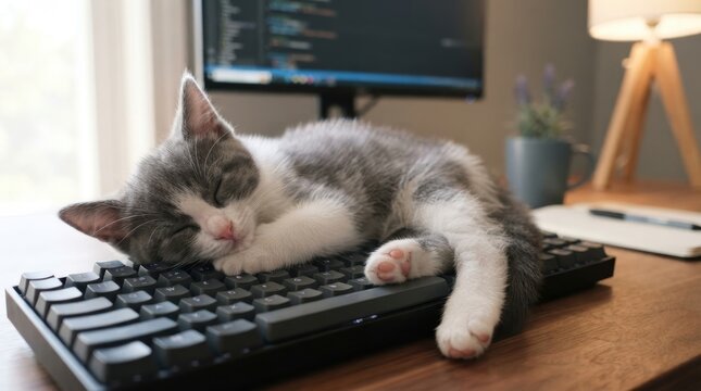 Cute kitten sleeping peacefully on a computer keyboard at a desk
