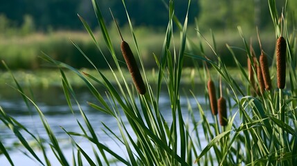Fototapeta premium Tall green reeds with brown seed heads stand by calm water under soft sunlight creating a peaceful natural wetland scene