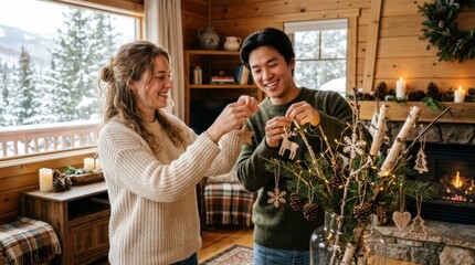 Fototapeta premium Couple decorating a rustic cabin with festive ornaments and fairy lights