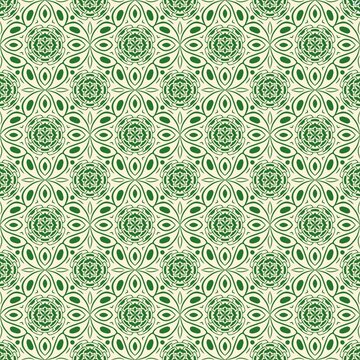 Seamless intricate pattern featuring green swirling leaf shapes surrounding detailed circular medallions on a cream background. Suitable for textile, wallpaper, and botanical-themed design.