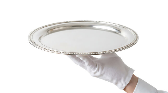 Hand wearing a white glove holding a polished silver serving tray, isolated on a white background, hospitality and service concept