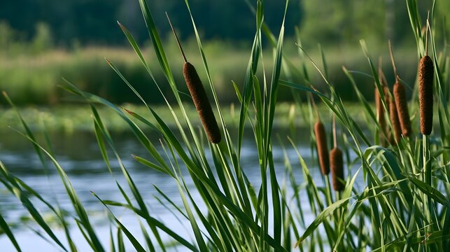 Tall green reeds with brown seed heads stand by calm water under soft sunlight  creating a peaceful natural wetland scene