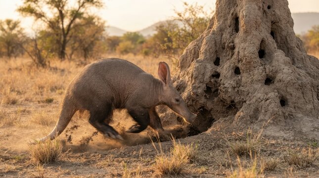 Aardvark digs into a termite mound in the African savanna at sunset