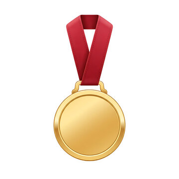 Realistic gold medal with a red ribbon isolated on a white background, for awards, achievement, and competition victory concepts