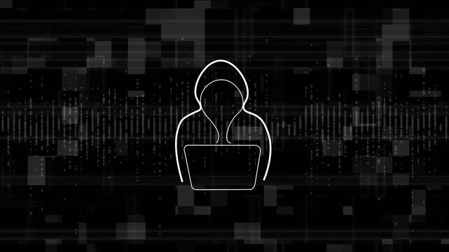 Anonymous hacker icon integrates data lines and sound waves on dark. Cybersecurity awareness training tools show hacker icon. Anonymous hacker icon graphics glow bright.