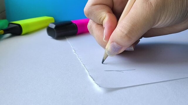 Teacher writing numbers with pen on paper during mathematics lesson, learning numbers, basic math and education concept.