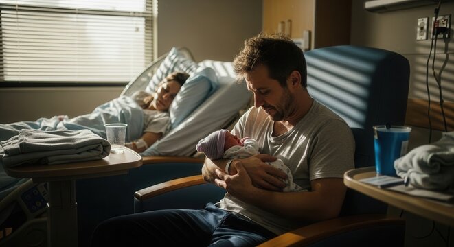 A heartfelt hospital moment captures a new father holding his newborn baby while resting beside his partner in a recovery bed, warmly lit room evoking emotional family bonding and post-delivery joy.