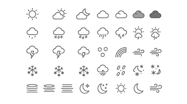 Set of weather forecast in a thin line style, including sun, clouds, rain, snow, lightning, and wind, on a light gray background