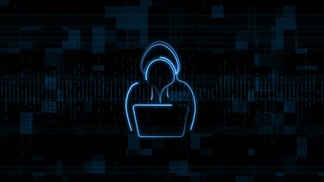 Blue neon hacker icon displays digital data streams and sound waves. Network security portals adopt blue hacker icon. Blue neon hacker icon vectors glow bright.