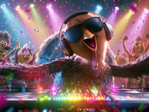 Funny Cartoon Turkey DJ Hosting a Colorful Thanksgiving Party with Animal Friends