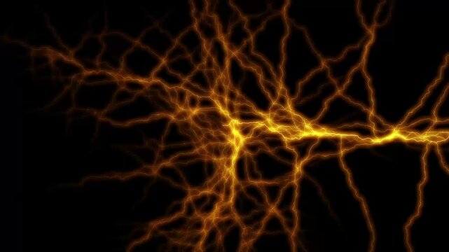 Fiery orange lightning network pattern flashes electric streams. High energy electronic video intros feature lightning. Fiery orange lightning network pulses fast.