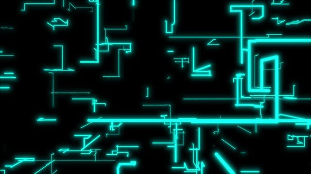 Abstract neon circuit board lines glow brightly on black backdrop. Electronic engineering slides use this circuit lines. Neon circuit board lines pulse very fast.