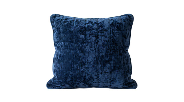 Square dark blue velvet throw pillow with vertical quilted stitching and soft plush texture isolated on a plain white studio background