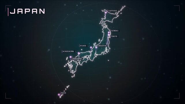 Animated map of Japan with glowing city markers and light beams over Tokyo Osaka and Sapporo