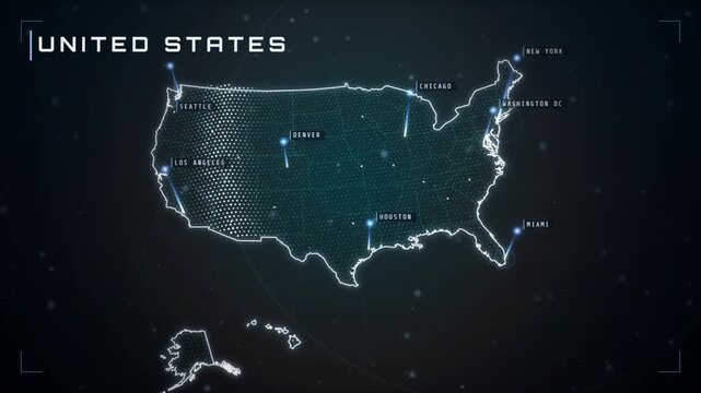 Animated map of the United States with glowing city markers and light beams over New York