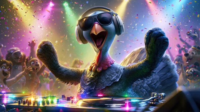 Funny Cartoon Turkey DJ Hosting a Colorful Thanksgiving Party with Animal Friends