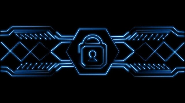 Blue neon lock icon displays hexagonal frame lines and circuits. Corporate network data privacy tools feature blue lock. Blue neon lock icon elements glow bright.