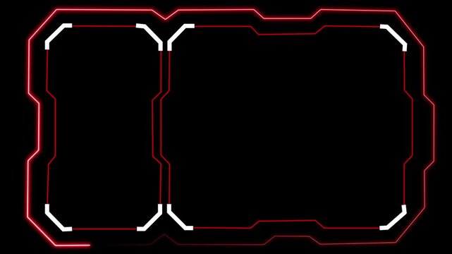 Futuristic red glowing tech frame on a black background with white corner accents, ideal as a gaming overlay, digital border, or sci fi interface template