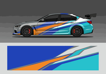 Fototapeta premium Colorful racing car with dynamic abstract design wrap