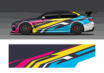 Fototapeta premium Colorful racing car with vibrant geometric wrap design