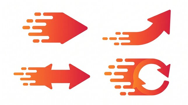 Set of four orange gradient speed arrow icons showing direction and motion on white background, perfect for business progress visualization, data growth infographics and dynamic interface design